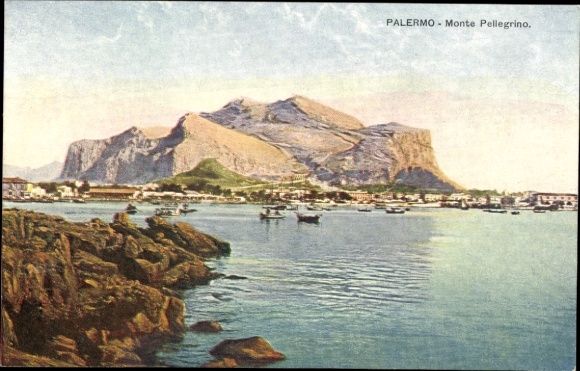 Ak Palermo Sizilien Sicilia Italien, Berg Monte Pellegrino, Hafenansicht, Boote, Felsen