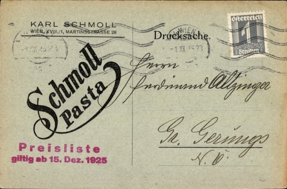 Ak Wien 18, Karl Schmoll, Martinsstraße 28, Reklame Schmoll Pasta, Bestellkarte