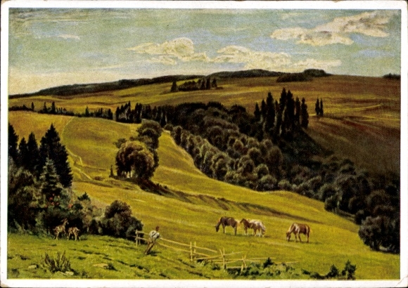 Künstler Ak Traub, Gustav, Abendschatten, Landschaft mit Pferden, HDK 227