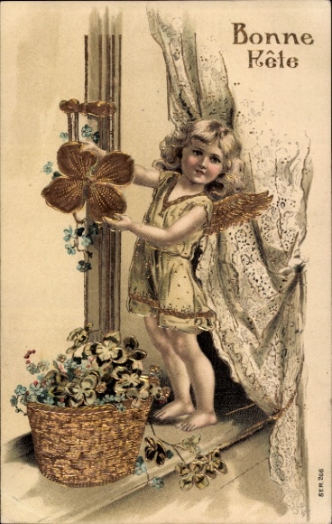 Präge Ak Glückwunsch, Engel mit Kleeblatt, Vergissmeinnicht