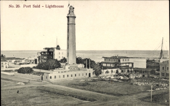 Ak Port Said Ägypten, Leuchtturm, Gebäude, Meer, Schwarz-Weiß