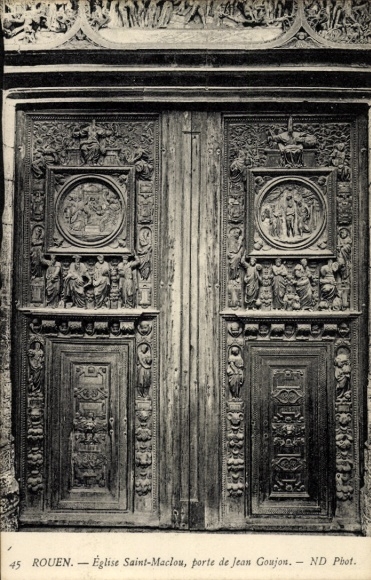 Ak Rouen Seine Maritime, Holztür mit Reliefs, Kirche Saint-Maclou,  Jean Goujon, ND Phot.