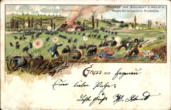 Künstler Litho Wœrth Wörth an der Sauer Elsass Bas Rhin, Moment der Schlacht, Bruckmühle, Soldaten