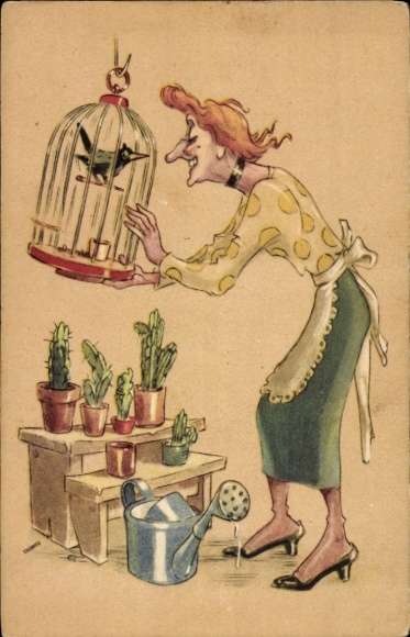 Ak Alte Frau, Vogelkäfig, Kakteen