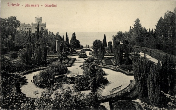 Ak Triest Trieste Friuli Venezia Giulia, Gartenlandschaft, Bäume, Sträucher, Brunnen, Trieste Mir