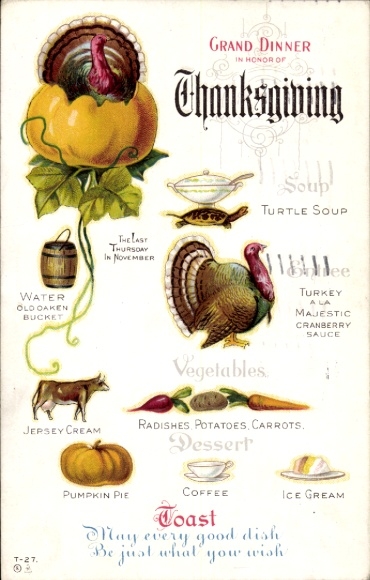 Ak Glückwunsch Thanksgiving, Essen, Truthahn, Kürbis