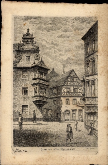 Künstler Ak Mainz am Rhein, Erker am alten Gymnasium