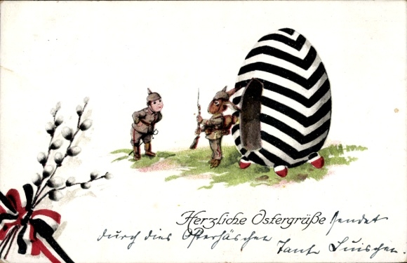 Ak Glückwunsch Ostern, Osterhase als Soldat auf Wachposten, Osterei, Weidenkätzchen