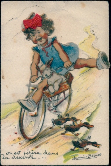 Mechanische Künstler Ak Bouret, G., Mädchen fährt Rad, Fliehende Vögel