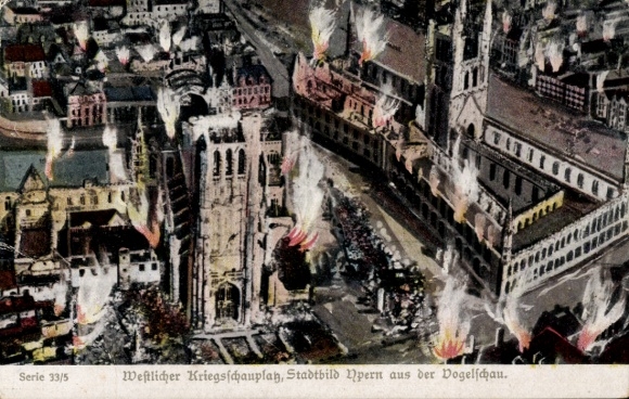 Ak Ypres Ypern Westflandern, Westlicher Kriegsschauplatz, Stadtbild aus der Vogelschau, Brände
