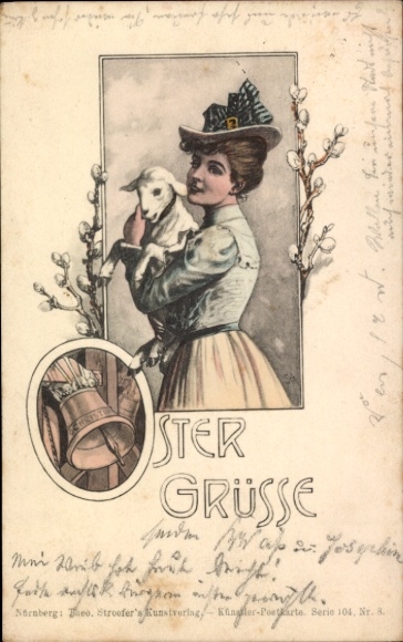 Passepartout Ak Ostergrüße, Dame posiert mit Lamm