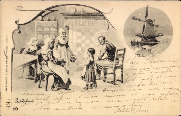 Künstler Ak Dufresne, Paul, Familie in Tracht, Windmühle