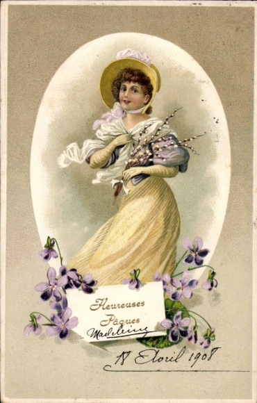 Präge Ak Glückwunsch Ostern, Frau mit Weidenkätzchen, Ei, Veilchen