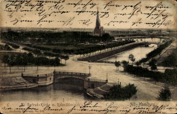 Ak Hamburg Nord Uhlenhorst, St. Gertrud-Kirche, Kuhmühlenteich
