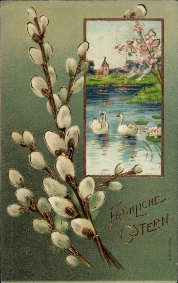 Ak Glückwunsch Ostern, Weidenkätzchen, Schwäne