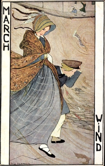 Künstler Ak Cramer, Rie, März, Wind, Frau und Junge