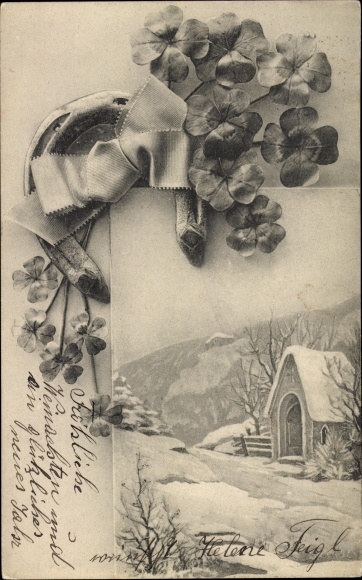 Passepartout Ak Winterlandschaft, Hufeisen, Kleeblätter