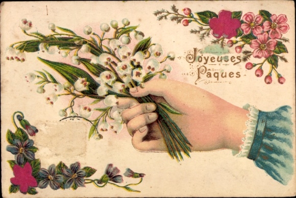 Präge Material Ak Glückwunsch Ostern, Weibliche Hand, Maiglöckchen