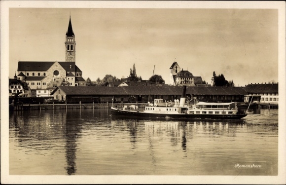 Ak Romanshorn Kanton Thurgau, Dampfer König Wilhelm im Hafen, Kirche