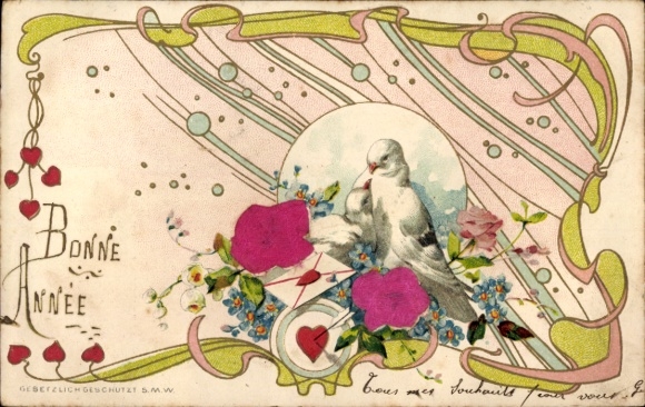 Präge Material Ak Glückwunsch Neujahr, Taube, Blumen