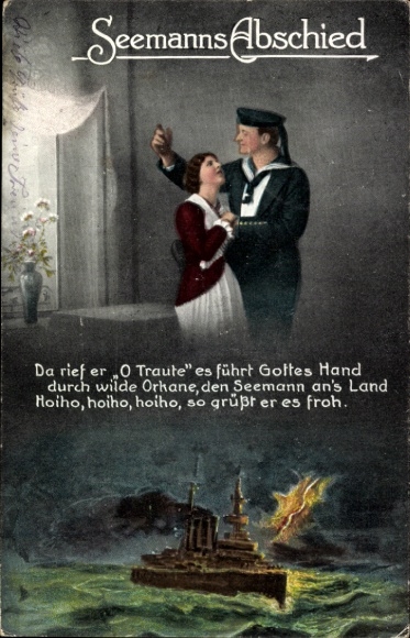 Ak Seemanns Abschied, Da rief er O Traute, es führt Gottes Hand, Kriegsschiff