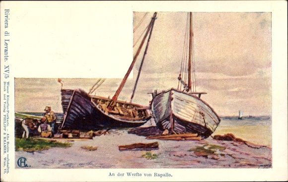 Künstler Ak Rapallo Liguria, Boote am Ufer, Männer, Riviera di Levante