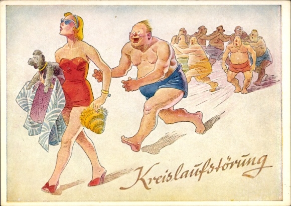 Künstler Ak Kreislaufstörung, Gruppe von Männern läuft einer Frau im Badeanzug hinterher, Humor