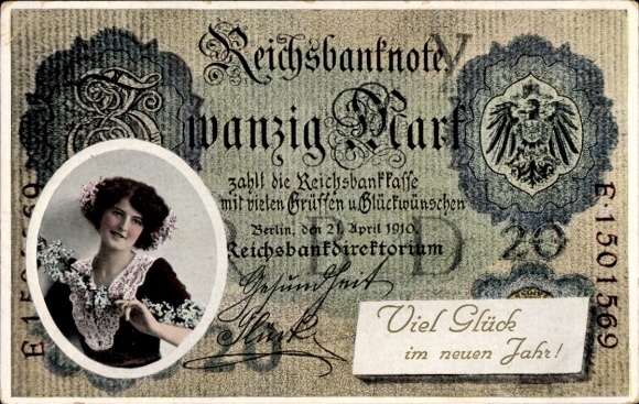 Ak Fröhliches Neujahr, Reichsbanknote Zwanzig Mark, Geldschein, Frauenportrait