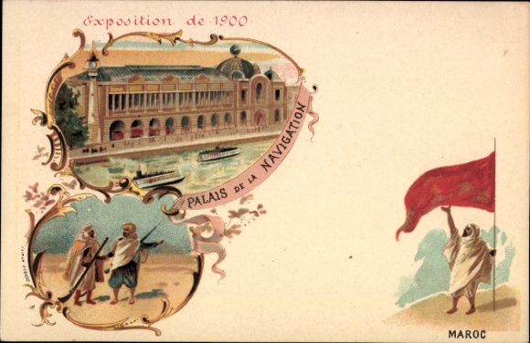 Litho Weltausstellung Paris 1900, Palais de la Navigation, Marokkaner mit Flagge