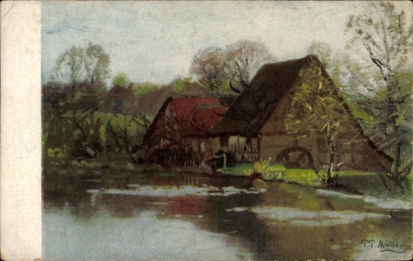 Künstler Ak Müller, P. P., Wassermühle am Weiher