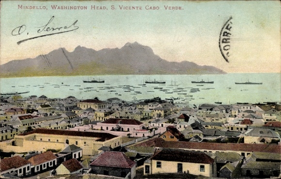 Ak São Vicente Cabo Verde Kap Verde, Landschaft mit Häusern, Meer, Schiffe, Washington Head, Cabo