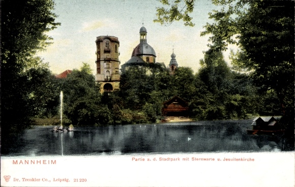 Ak Mannheim in Baden, Stadtpark, Sternwarte, Jesuitenkirche