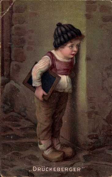 Künstler Litho Kaulbach, H., Drückeberger, Junge mit Schultafel