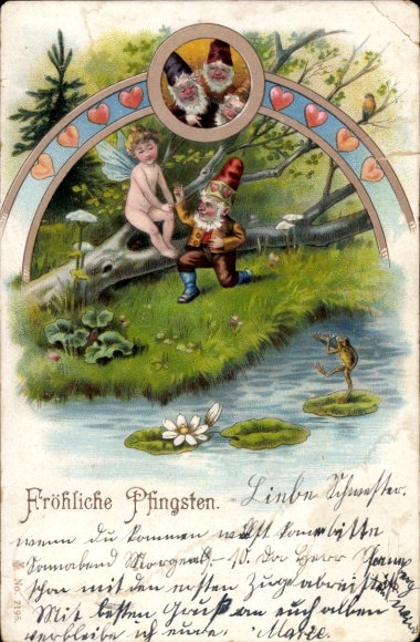 Litho Glückwunsch Pfingsten, Zwerg, Fee, Teich, Frosch