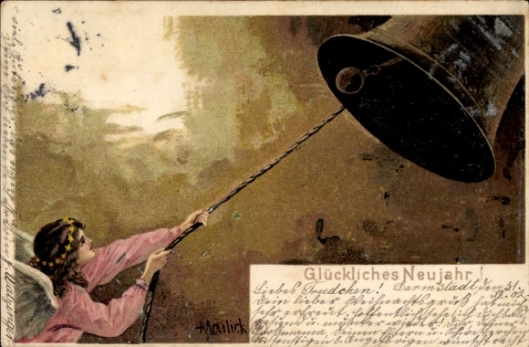 Künstler Ak Mailick, Glückwunsch Neujahr, Glocke, Engel