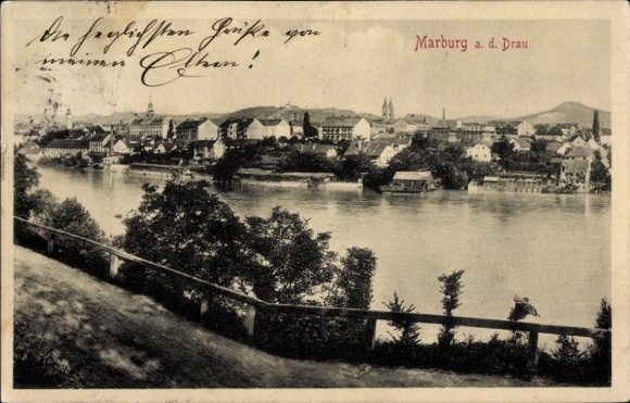 Ak Maribor Marburg an der Drau Slowenien, Panoramaansicht von  Fluss, Häuser, Bäume