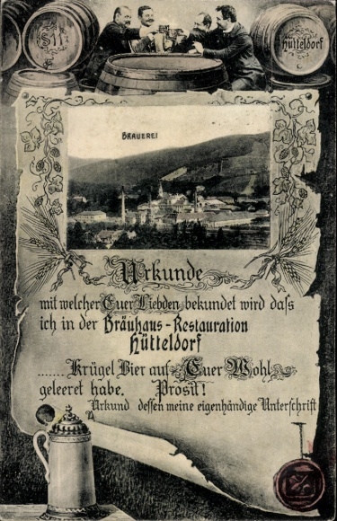 Ak Wien 13 Hietzing Hütteldorf, Brauerei, Bräuhaus-Restauration, Urkunde