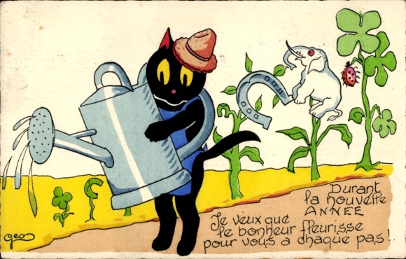 Künstler Ak Glückwunsch Neujahr, Katze als Gärtner gießt Kleeblätter, Hufeisen, weißer Elefant
