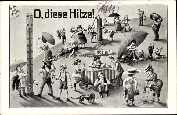 Ak O diese Hitze, Thermometer, Eisverkäufer, Dackel, Dresdener Vogelwiese