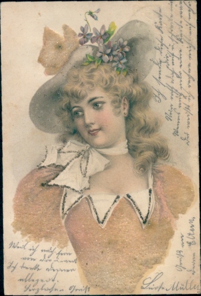 Glitzer Litho Porträt einer Frau, Hut