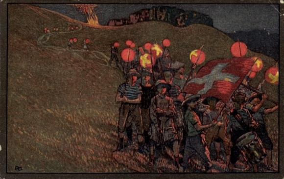 Ganzsachen Künstler Ak Schweizer Bundesfeier 1912, Rotes Kreuz, Laternen