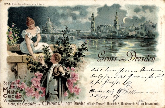 Litho Dresden Altstadt, im Mondschein, Reklame Aulhorns Nähr-Kakao