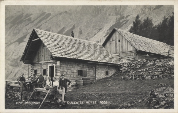 Ak Steiermark Österreich, Hochschwab,  Dullwitz-Hütte, 1655m, Gruppe von Personen, Berglandschaft