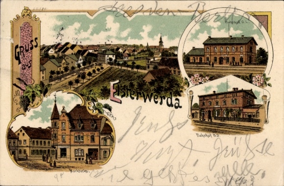 Litho Elsterwerda in Brandenburg, Marktecke, Bahnhöfe, Teilansicht