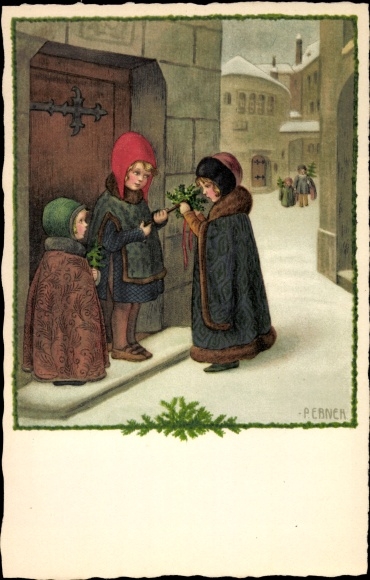 Künstler Ak Ebner, Pauli, Kinder vor einer Haustür