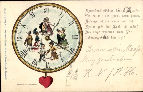 Litho Uhr, Liebespaar, Verliebt, Verlobt, Verheiratet, Geschieden