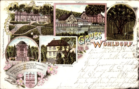 Litho Hamburg Wandsbek Wohldorf, Kupferhof, Hotel zum Waldhaus, Herrenhaus