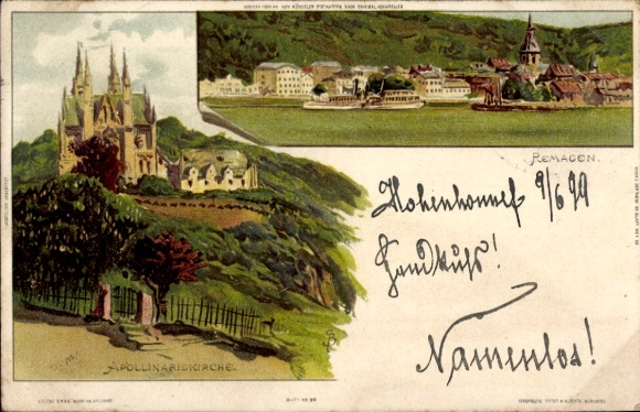 Künstler Litho Biese, C., Remagen am Rhein, Totale, Apollinariskirche