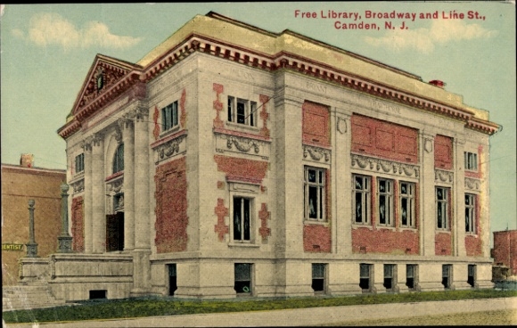 Ak Camden New Jersey USA, Free Library, Broadway and Line St.