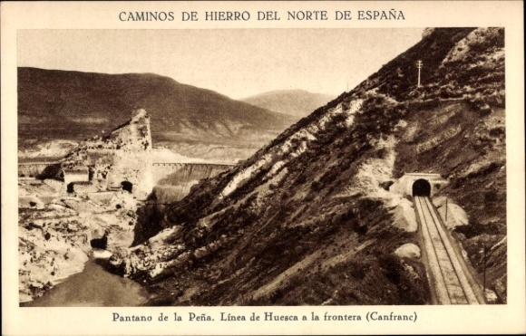 Ak Aragón, Pantano de La Peña, Nordspanische Eisenbahn, Strecke von Huesca an die Grenze, Canfranc